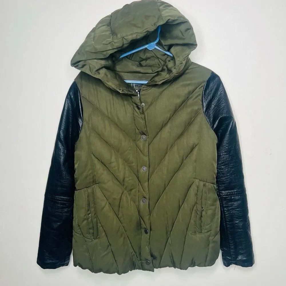 Blank NYC Green Puffer Jacket Coat with Faux Leather Sleeves Sz Small